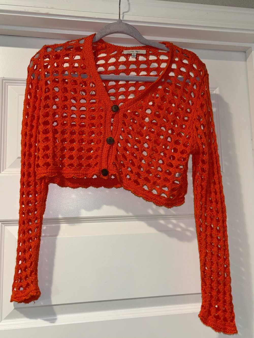 Love Tree Orange Crochet Button Front Cropped Cardigan Size Small